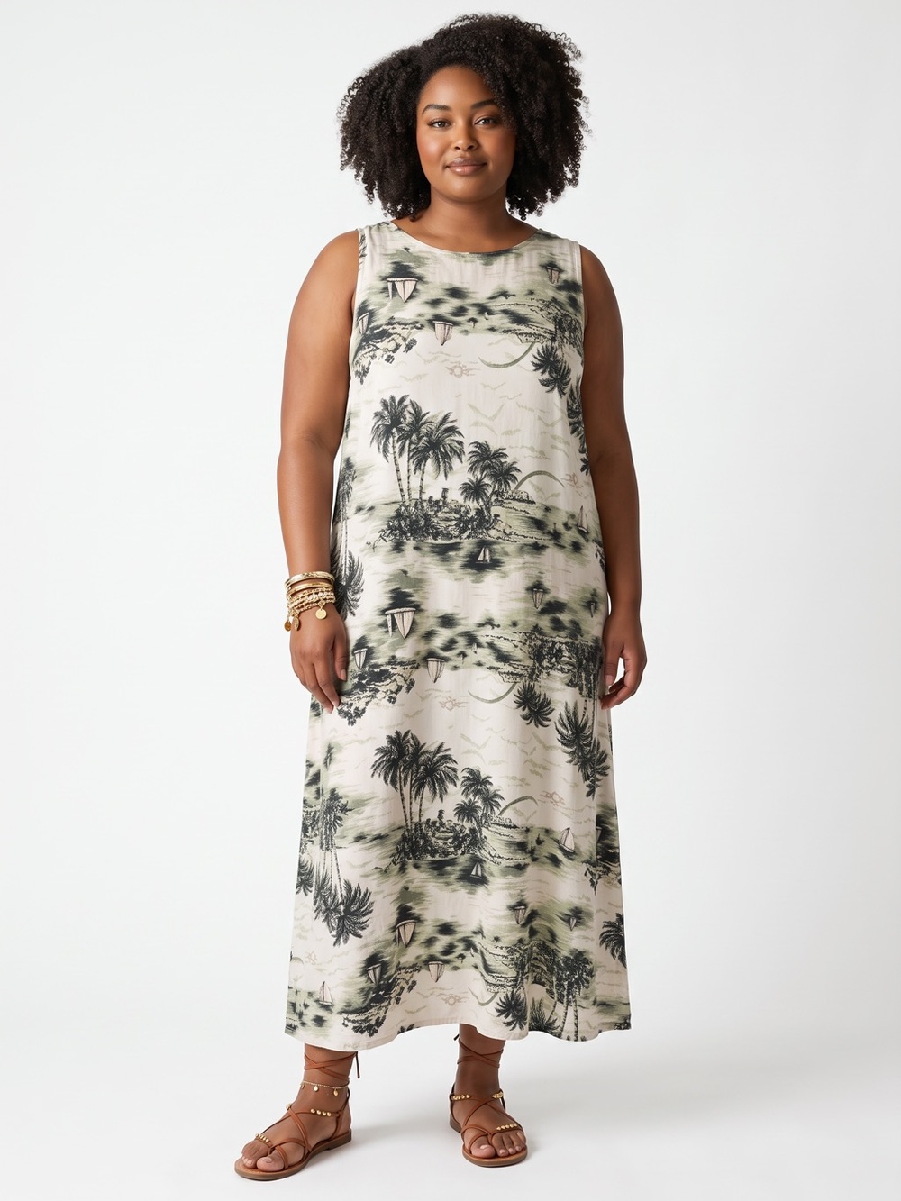 Vintage John Paul Richard 3X Silk Cotton Tropical Scenic Maxi Dress Plus Size